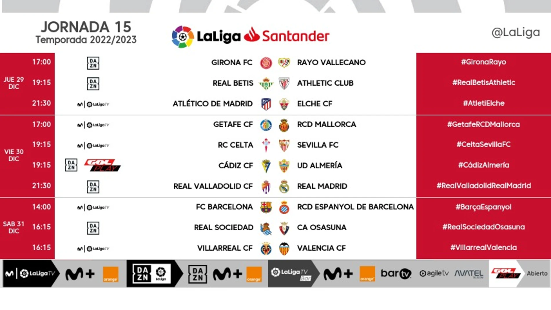 Estos son los horarios de la jornada 15ª de la Liga