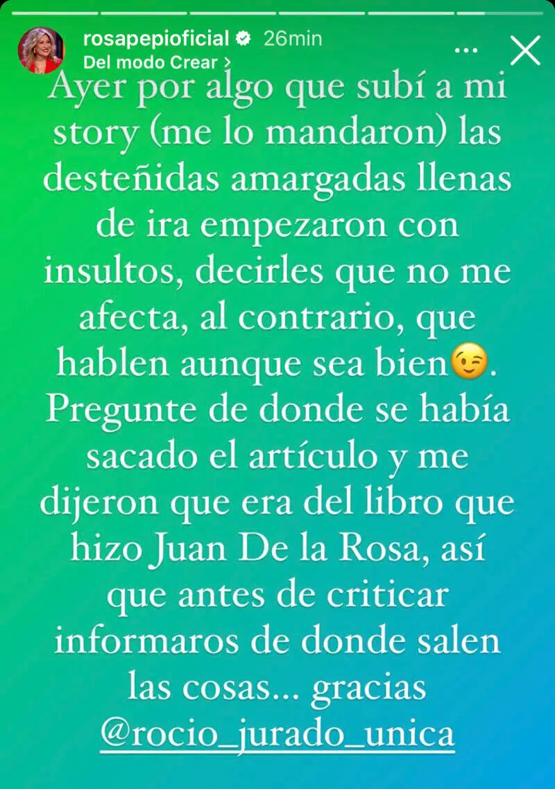 Historia del Instagram de Rosa Benito