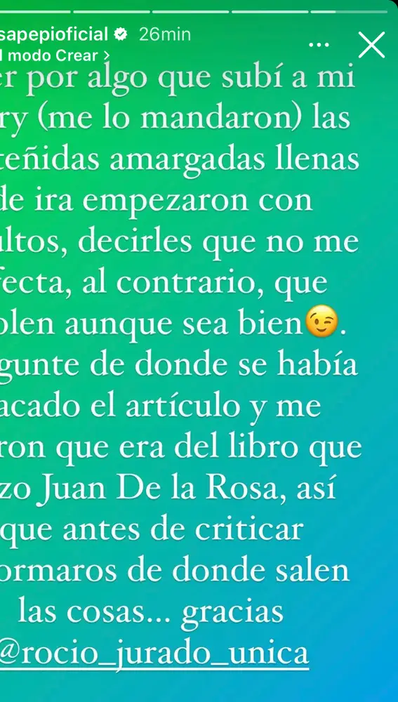 Historia del Instagram de Rosa Benito