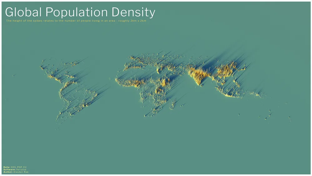 El mapa de la distribución mundial de población. Fuente: Alasdair Rae