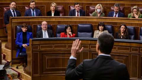 El presidente del gobierno, Pedro Sanchez contesta al líder de Vox, Santiago Abascal, en el congreso, durante la sesión de control al Gobierno este miércoles en el Congreso