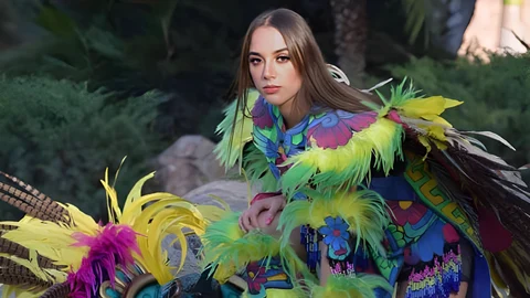 Andrea Granados llevaba un traje prehispánico de plumas