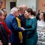 La presidenta de la Comunidad de Madrid, Isabel Díaz Ayuso, saluda al expresidente de la Comunidad de Madrid Joaquín Leguina en el acto homenaje a la Constitución el pasado viernes
