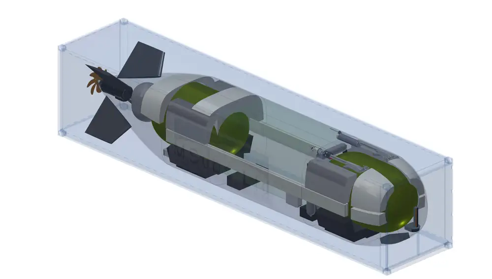 Imagen del Cetus, el submarino no tripulado de la Royal Navy, en el interior de un contenedor en el que podría ser transportado a cualquier lugar del mundo