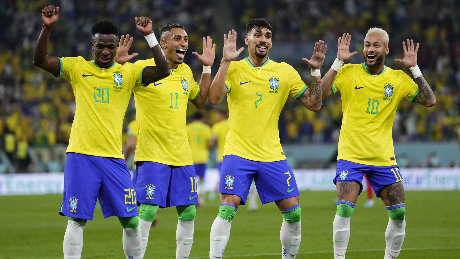 Brazil's Neymar, from right, celebrates with team mates Lucas Paqueta, Raphinha and Vinicius Junior after scoring his side's second goal during the World Cup round of 16 soccer match between Brazil and South Korea, at the Stadium 974 in Doha, Qatar, Monday, Dec. 5, 2022. (AP Photo/Manu Fernandez)