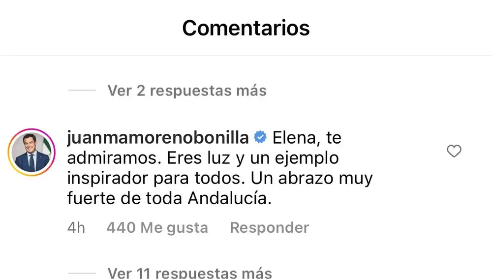Juanma Moreno muestra su apoyo a Elena Huelva en Instagram
