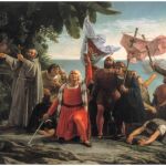 "Primer desembarco de Cristóbal Colón en América", óleo de Puebla y Tolín