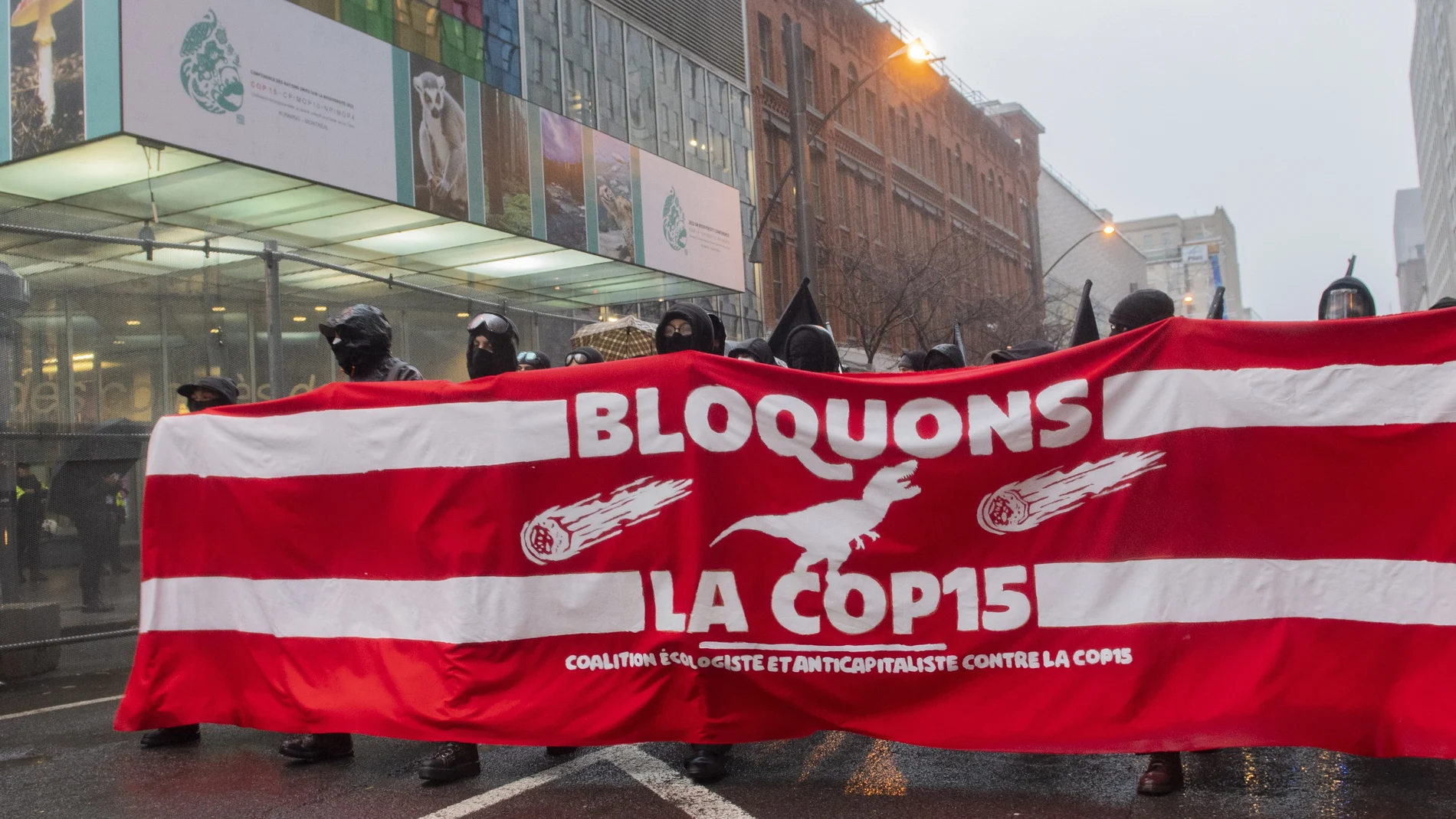 Varios manifestantes por las calles de Montreal durante la cumbre de la COP15