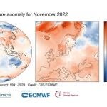 Anomalía de la temperatura del aire en superficie en noviembre de 2022 frente a la media de noviembre en el periodo comprendido entre 1991 y 2020.SERVICIO DE CAMBIO CLIMÁTICO DE 30/11/2022