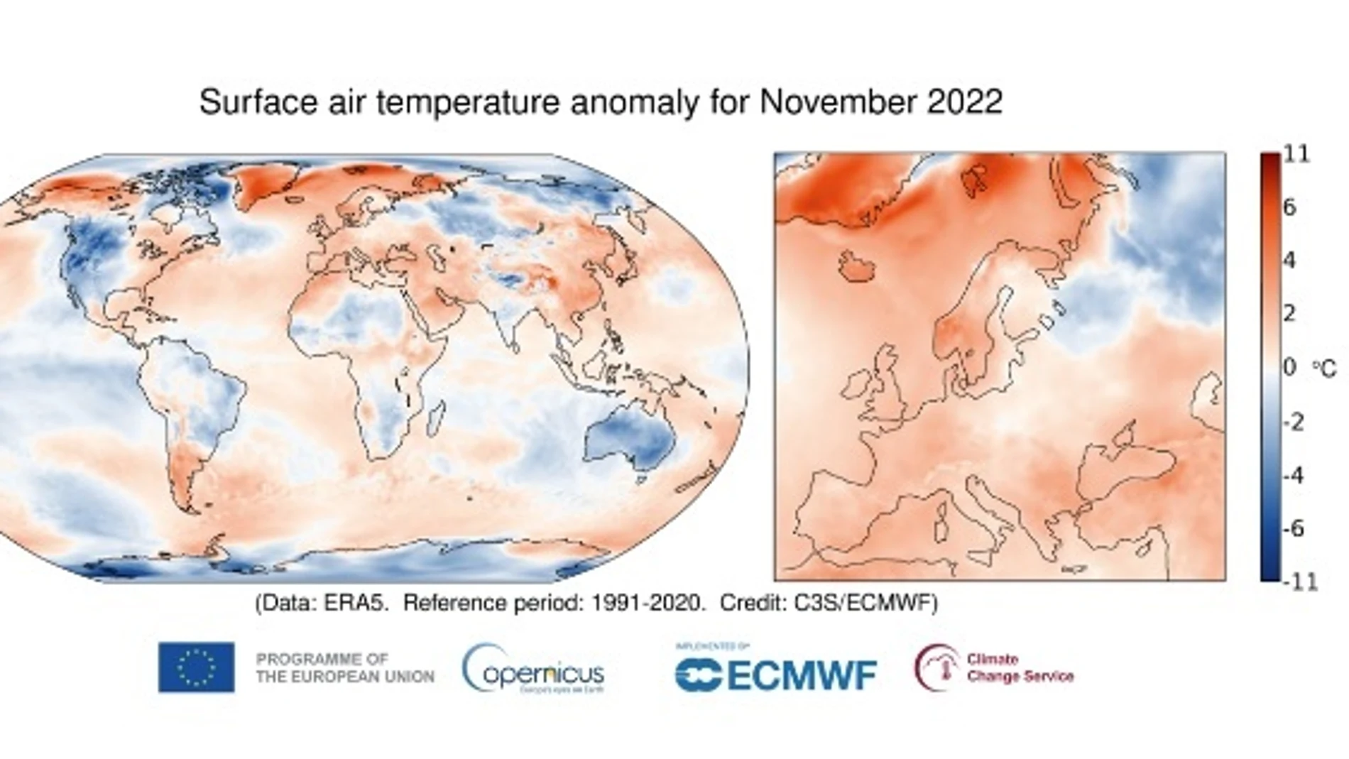 Anomalía de la temperatura del aire en superficie en noviembre de 2022 frente a la media de noviembre en el periodo comprendido entre 1991 y 2020.SERVICIO DE CAMBIO CLIMÁTICO DE 30/11/2022