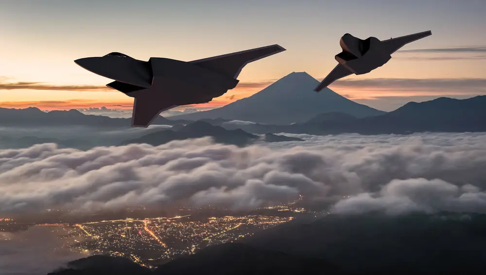 Una foto sin fecha facilitada por el Ministerio de Defensa de Japón muestra una impresión artística de dos aviones de combate de próxima generación volando en el espacio aéreo cerca del monte Fuji en Japón.