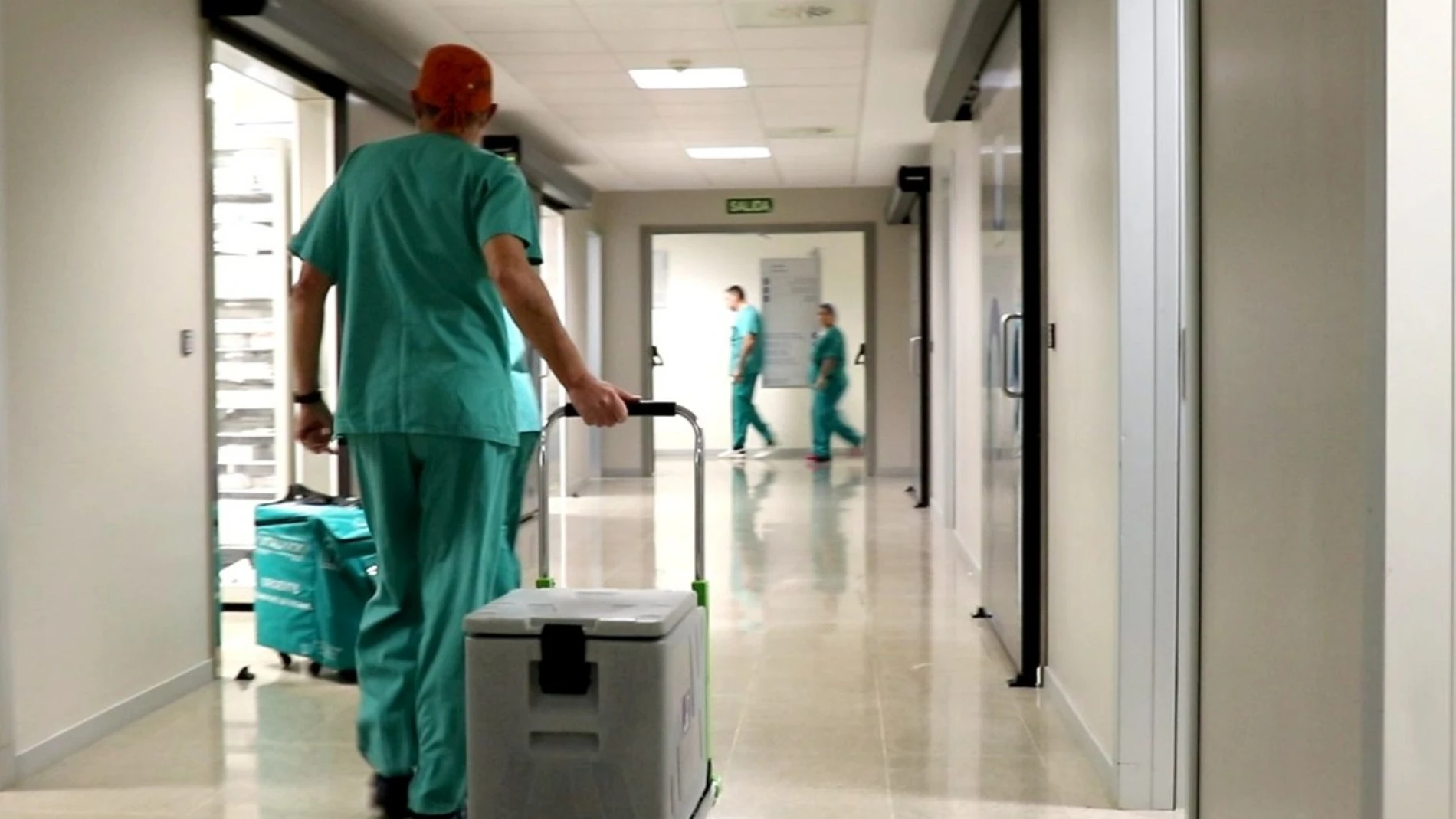 Un sanitario traslada un órgano para el trasplante en el Hospital La Fe, de Valencia