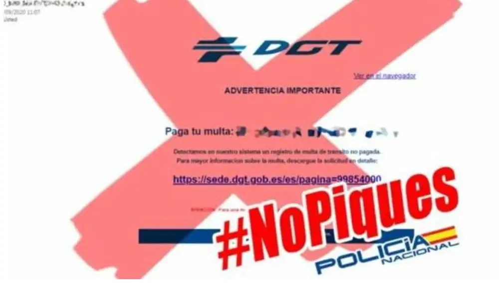 "No piques": la Policía Nacional alerta de un nuevo intento de estafa por medio de un mail que avisa de una multa falsa