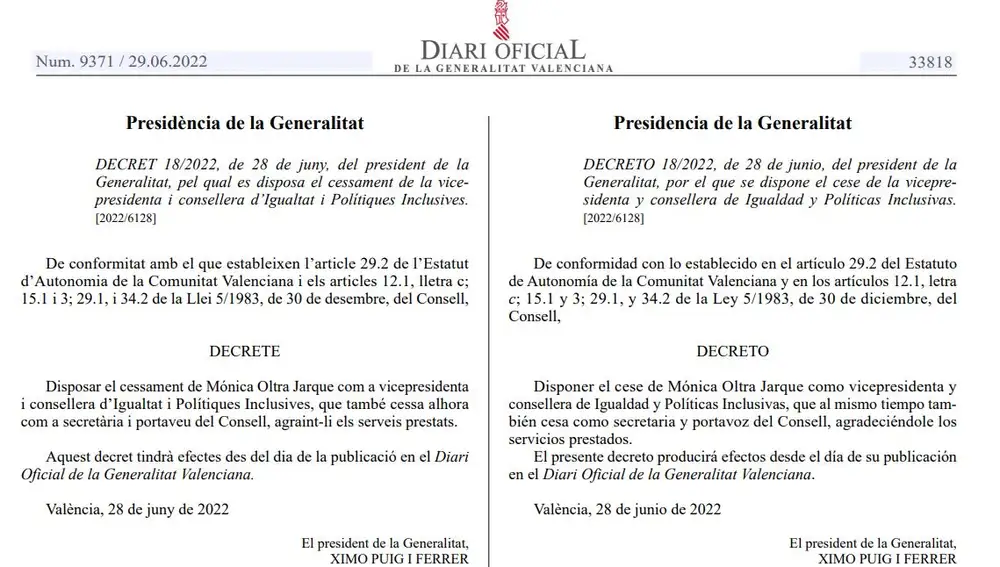 El DOGV publicó el cese de Mónica Oltra el pasado 29 de junio, una semana después de que ella comunicara que dejaba la vicepresidencia