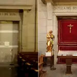 Estado de la entrada a la Capilla del Sepulcro tras la intervención y cómo quedó adecentada después por los monjes benedictinos