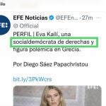 Twitter de Efe sobre Eva Kaili