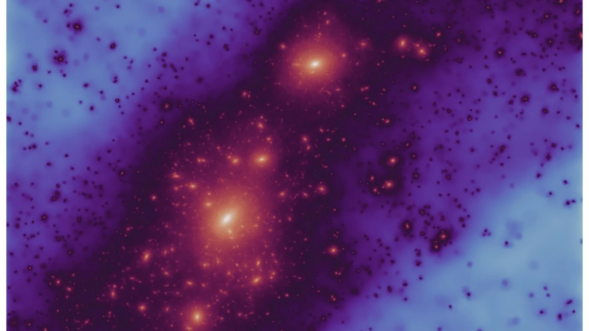 Una de las simulaciones de alta resolución hechas de la materia oscura que rodea la Vía Láctea y su vecina, Andrómeda. (Till Sawala/Sibelius collaboration)