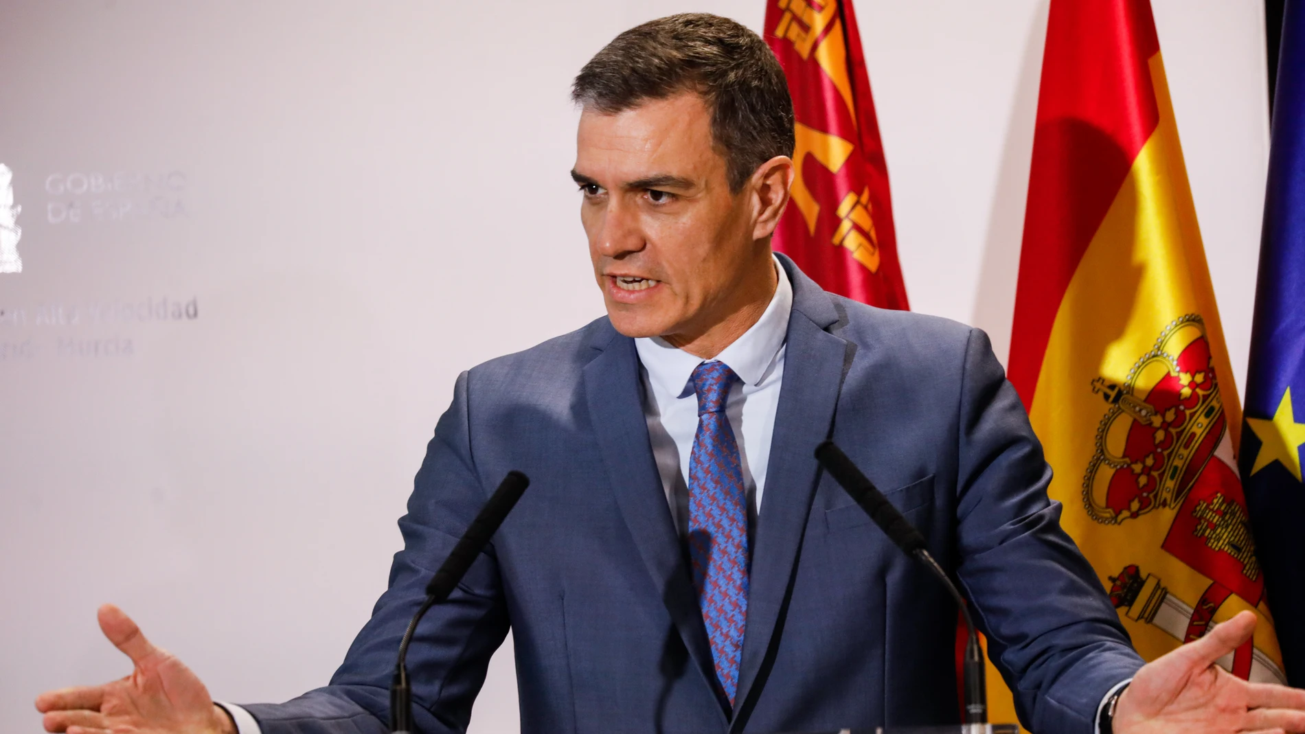 El presidente del Gobierno de España, Pedro Sánchez, interviene en la inauguración de la línea de AVE Madrid-Murcia, en la estación Murcia del Carmen