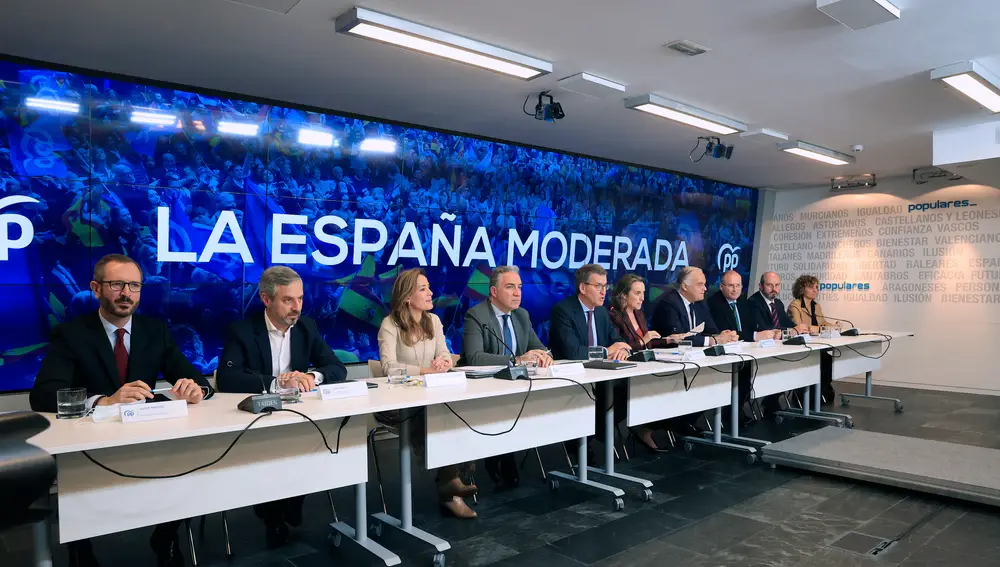 MADRID, 19/12/2022.- El presidente del Partido Popular, Alberto Núñez Feijóo junto a la directiva del partido que ha presidido la Junta Directiva Nacional del partido. EFE/ Zipi