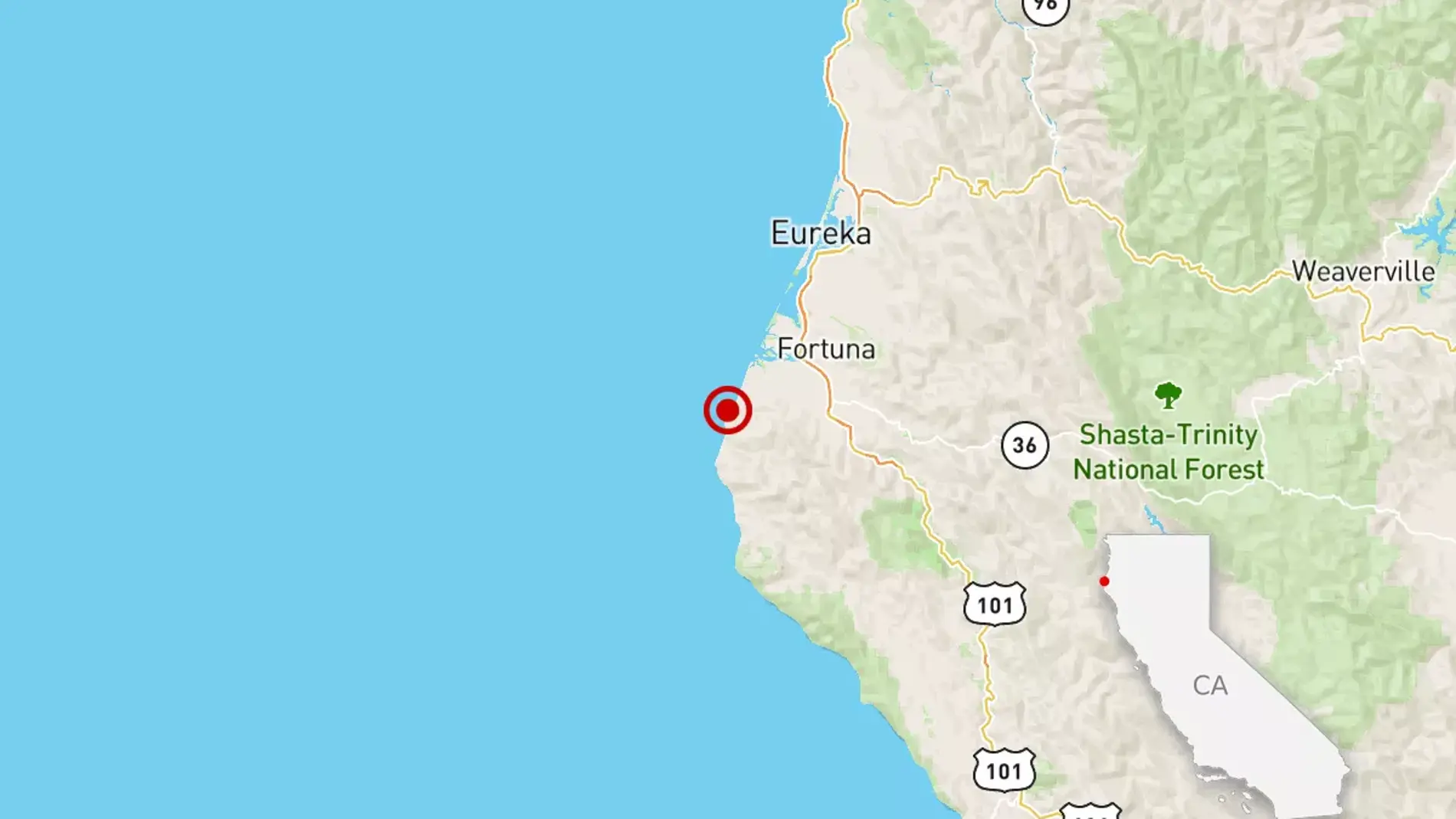 Mapa con el punto del terremoto en el norte de California