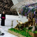 El Papa mira un belén durante una audiencia semanal celebrada en diciembre