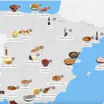 Un mapa con comidas tradicionales de España