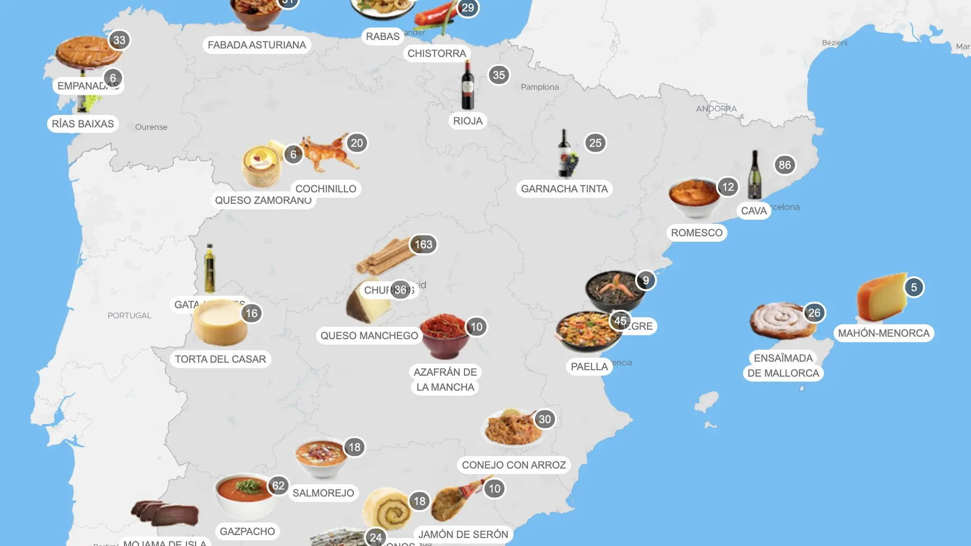 Un mapa con comidas tradicionales de España