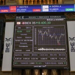 Un panel del Ibex 35 en el Palacio de la Bolsa