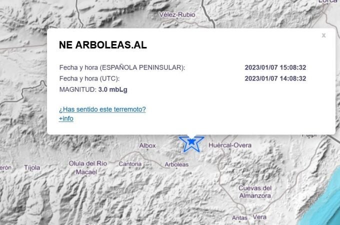 Registrado un terremoto de magnitud 3 con epicentro al noroeste de Arboleas (Almería)