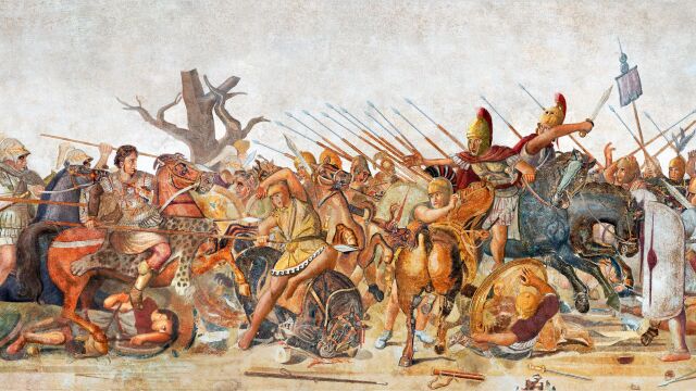 Alejandro Magno en el momento crucial de la batalla del río Liris (321 a. C.). Una ucronía basada en el mosaico original de la batalla de Issos
