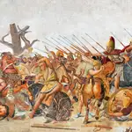 Alejandro Magno en el momento crucial de la batalla del río Liris (321 a. C.). Una ucronía basada en el mosaico original de la batalla de Issos