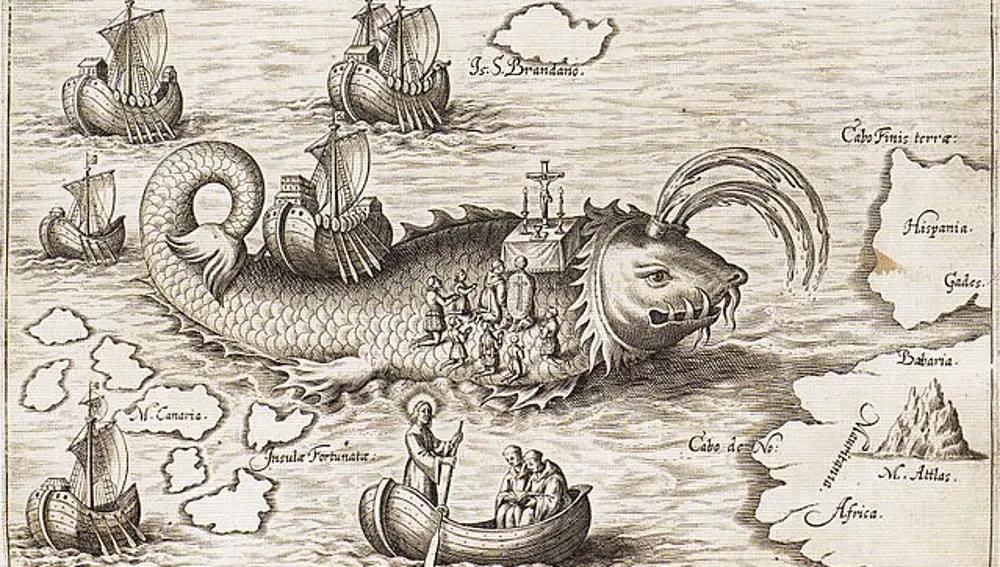 El barco de San Brandán el Navegante a lomos de una ballena, y sus hombres rezando. 1621