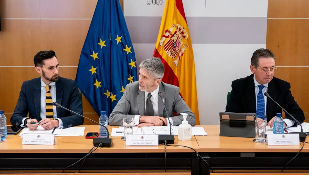 El secretario de Estado de Seguridad, Rafael Pérez; el ministro del Interior, Fernando Grande-Marlaska y el director general de Coordinación y Estudios de la Secretaría de Estado de Seguridad, José Antonio Rodríguez, durante una reunión con los responsables de la lucha contra la violencia de género de las Fuerzas de Seguridad del Estado el martes.
