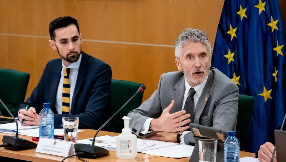 El secretario de Estado de Seguridad, Rafael Pérez y el ministro del Interior, Fernando Grande-Marlaska, durante una reunión con los responsables de la lucha contra la violencia de género de las Fuerzas de Seguridad del Estado
