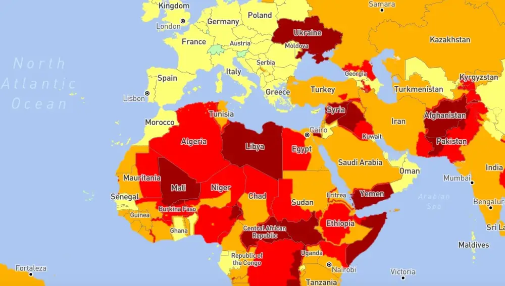 Mapa de las zonas más peligrosas del mundo en 2023 de &quot;International SOS&quot;