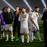 Carlo Ancelotti y sus jugadores, nada más recibir la medalla de subcampeones de la Supercopa de España