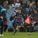 Gavi, Pedri y Balde celebran uno de los goles del Barça en la final de la Supercopa