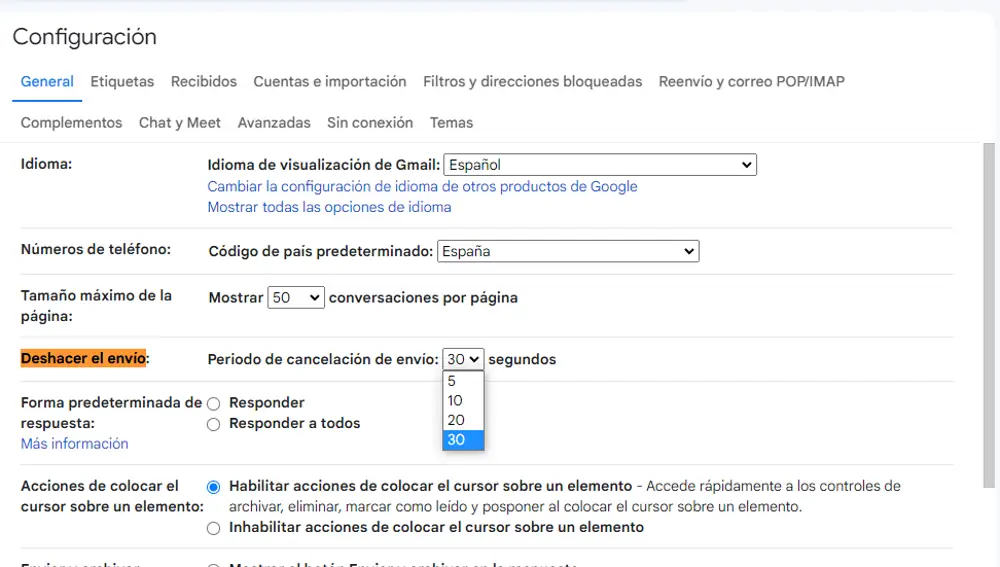 Opción para ampliar el periodo de tiempo para deshacer un envío en Gmail. 