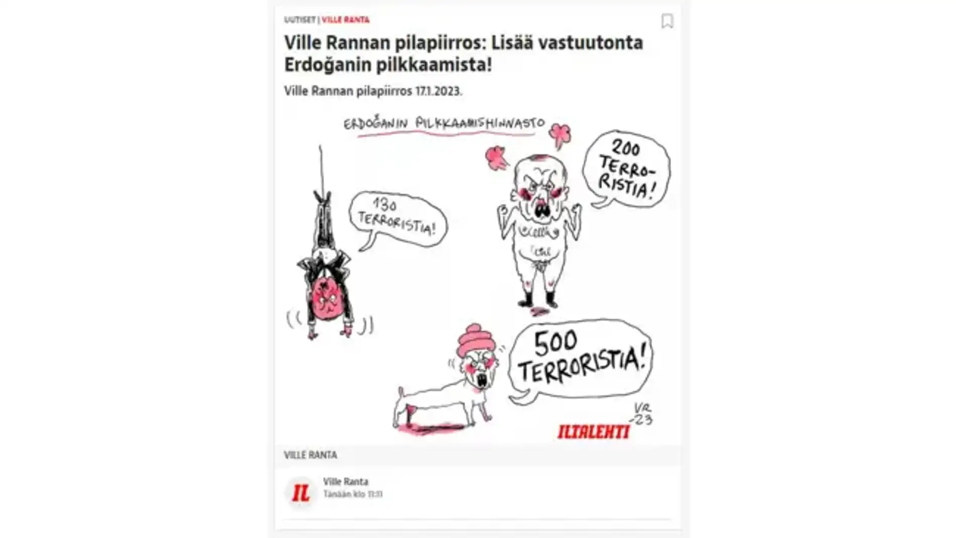 Caricaturas de Erdogan publicadas este martes por el diario finlandés “Illtalehti”