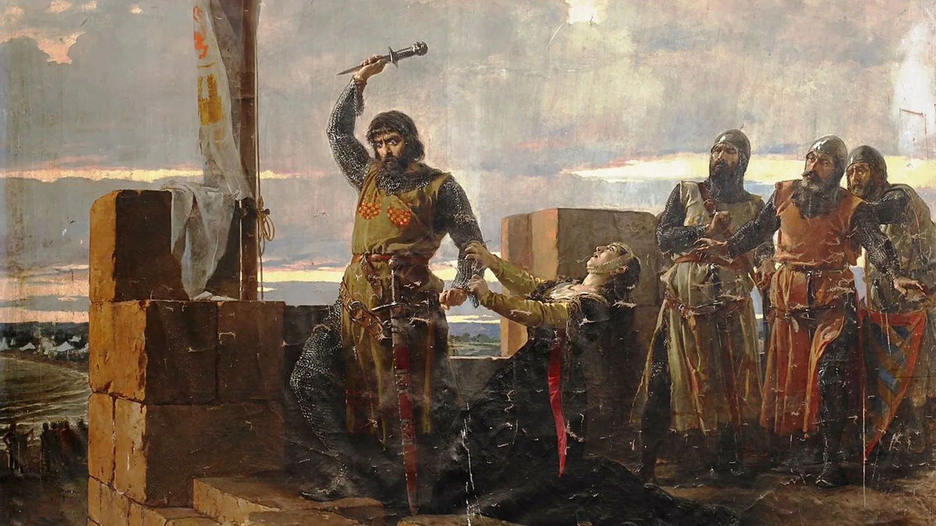 Guzmán el Bueno arroja su puñal a los sitiadores durante el defensa de Tarifa (1294) frente al infante don Juan y sus aliados musulmanes. Cuadro de Salvador Martínez Cubells.