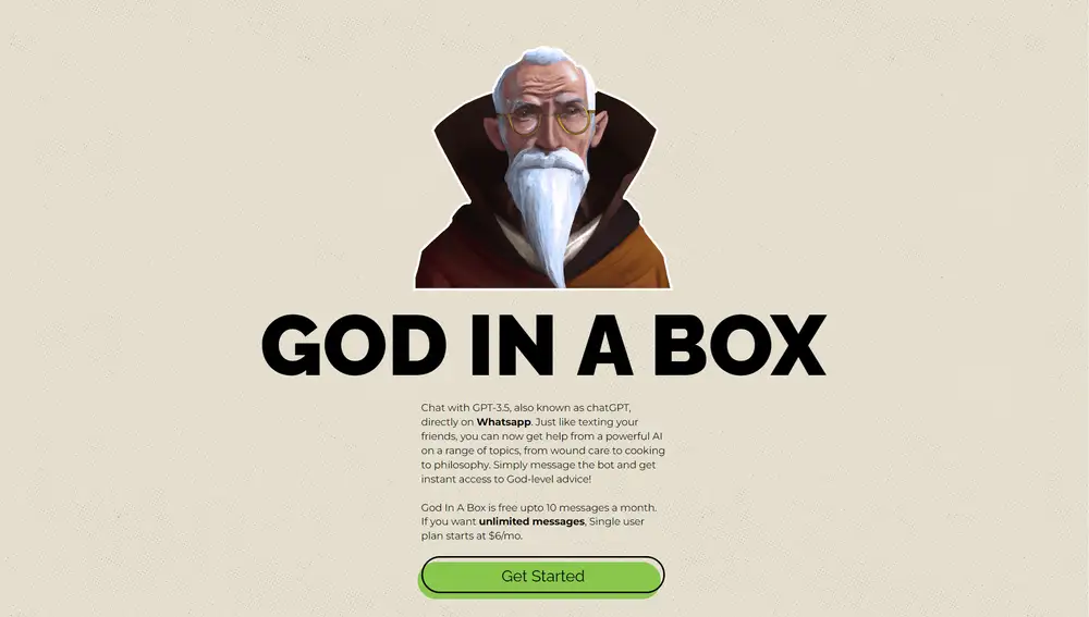 Web de God in a box con la que puedes usar ChatGPT en tu WhatsApp.