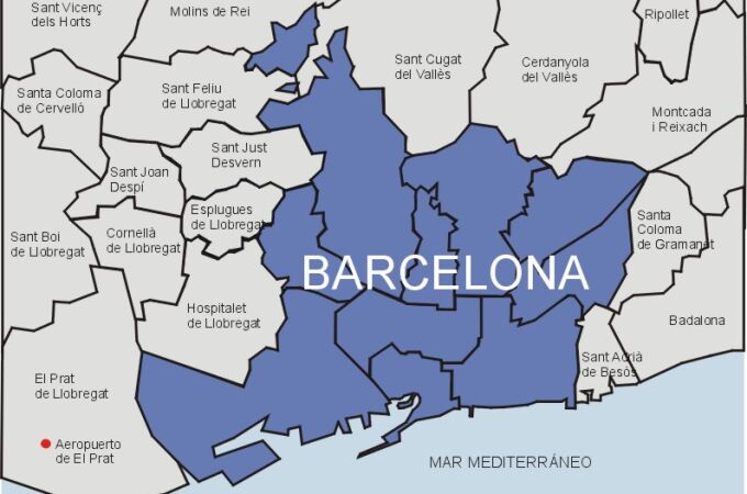 Mapa de Barcelona y los municipios que rodean a la ciudad