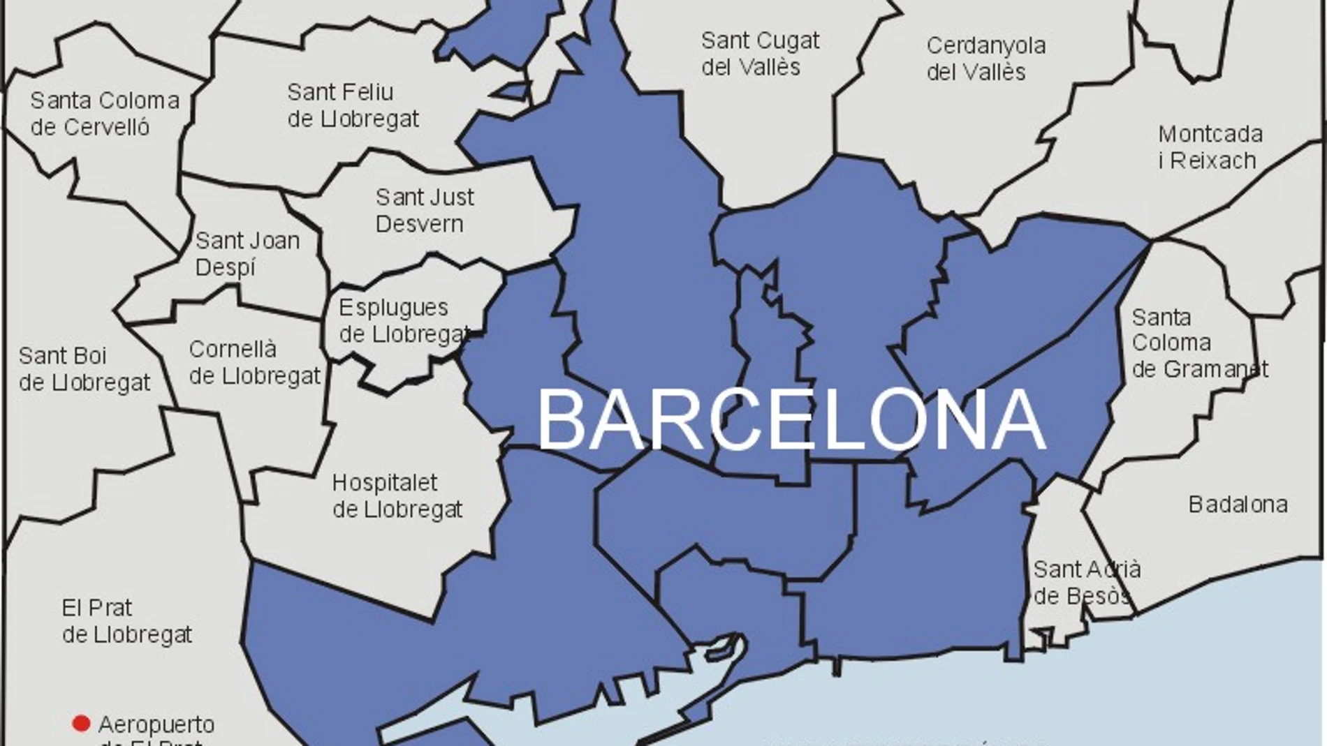 Mapa de Barcelona y los municipios que rodean a la ciudad