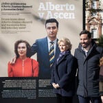 La ex alcaldesa de Sevilla, Soledad Jiménez-Becerril; junto al hijo y la hermana y cuñada de Alberto y Ascen, Alberto y Teresa Jimenez-Becerril, respectivamente, posan ante una de las imágenes de la exposición. María José López / Europa Press