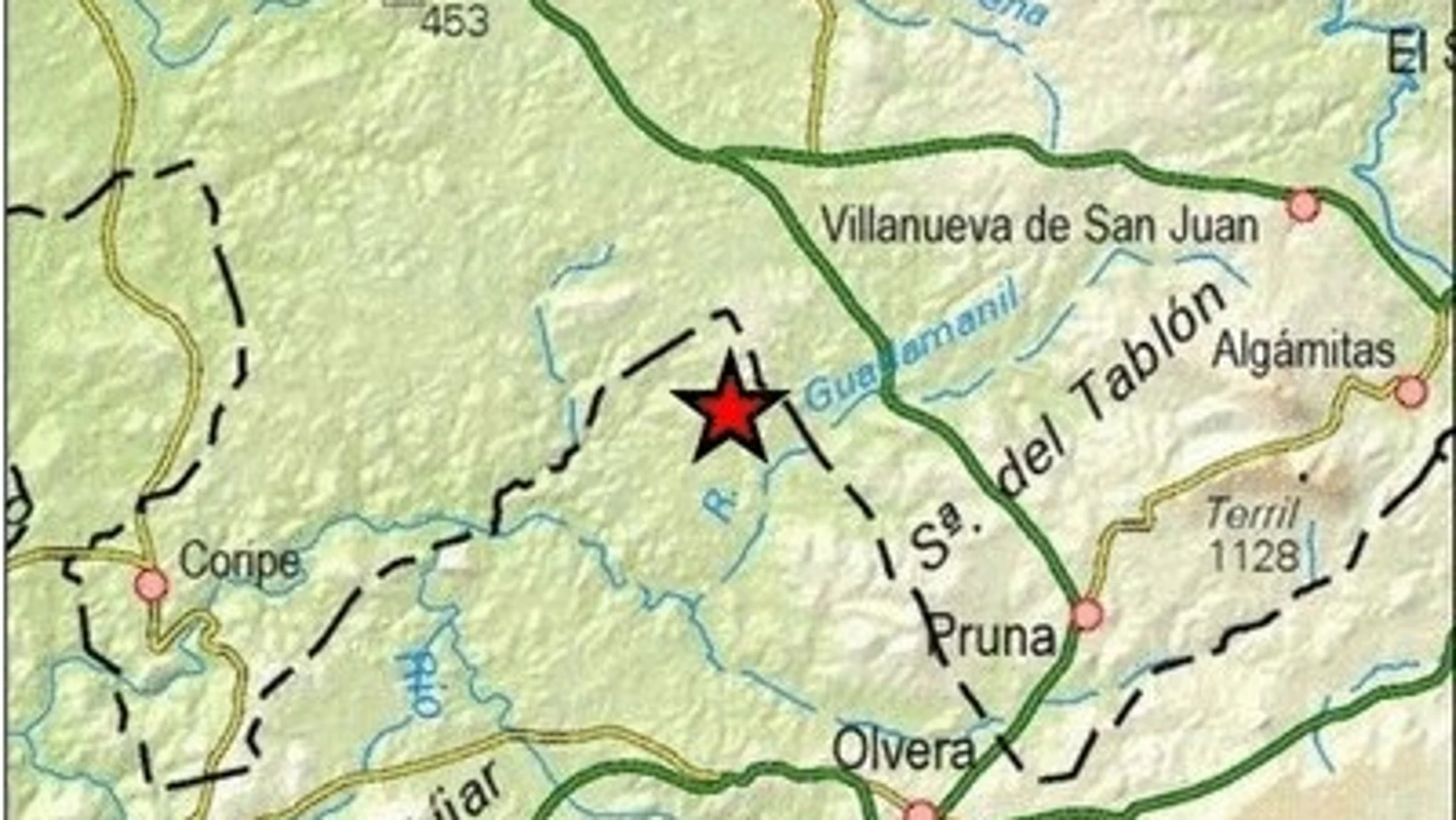 Mapa del terremoto registrado en Olvera. IGN