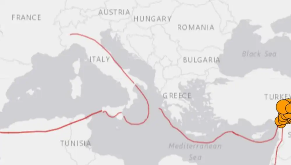 Captura de pantalla de un gráfico que muestra la localización de los últimos sismos producidos en Europa | Fuente: USGS