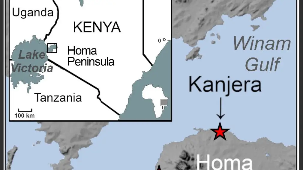 Mapa índice que muestra la ubicación del yacimiento Olduvayense de Nyayanga en la península de Homa, en el suroeste de Kenia.