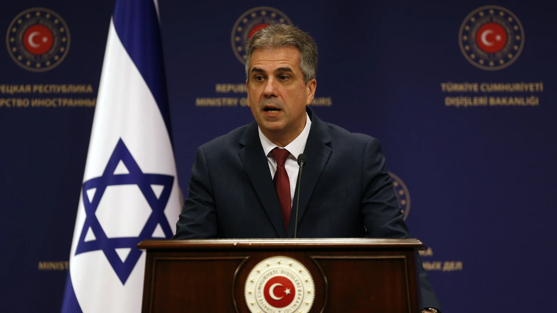 Ankara (Turkey), 14/02/2023.- Israel's Foreign Minister Eli Cohen attends a joint press conference with his Turkish counterpart after their meeting in Ankara, Turkey, 14 February 2023. Cohen visits Turkey due to the earthquakes in the southeast of Turkey. (Terremoto/sismo, Turquía) EFE/EPA/NECATI SAVAS 