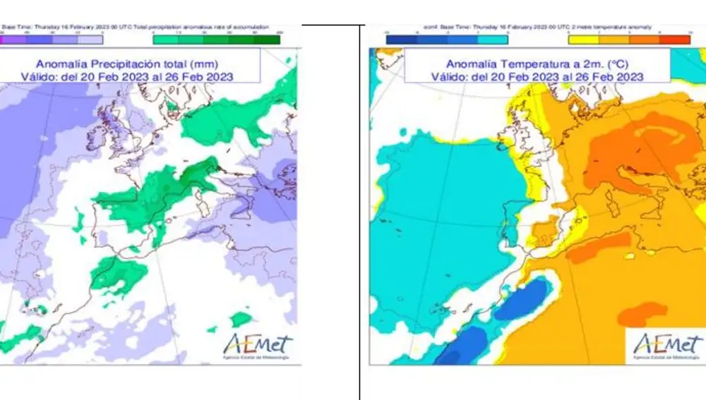 Anomalía de la precipitación y las temperaturas prevista del 20-27 feb