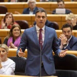 Yolanda Díaz y Pedro Sánchez durante el pleno del Senado